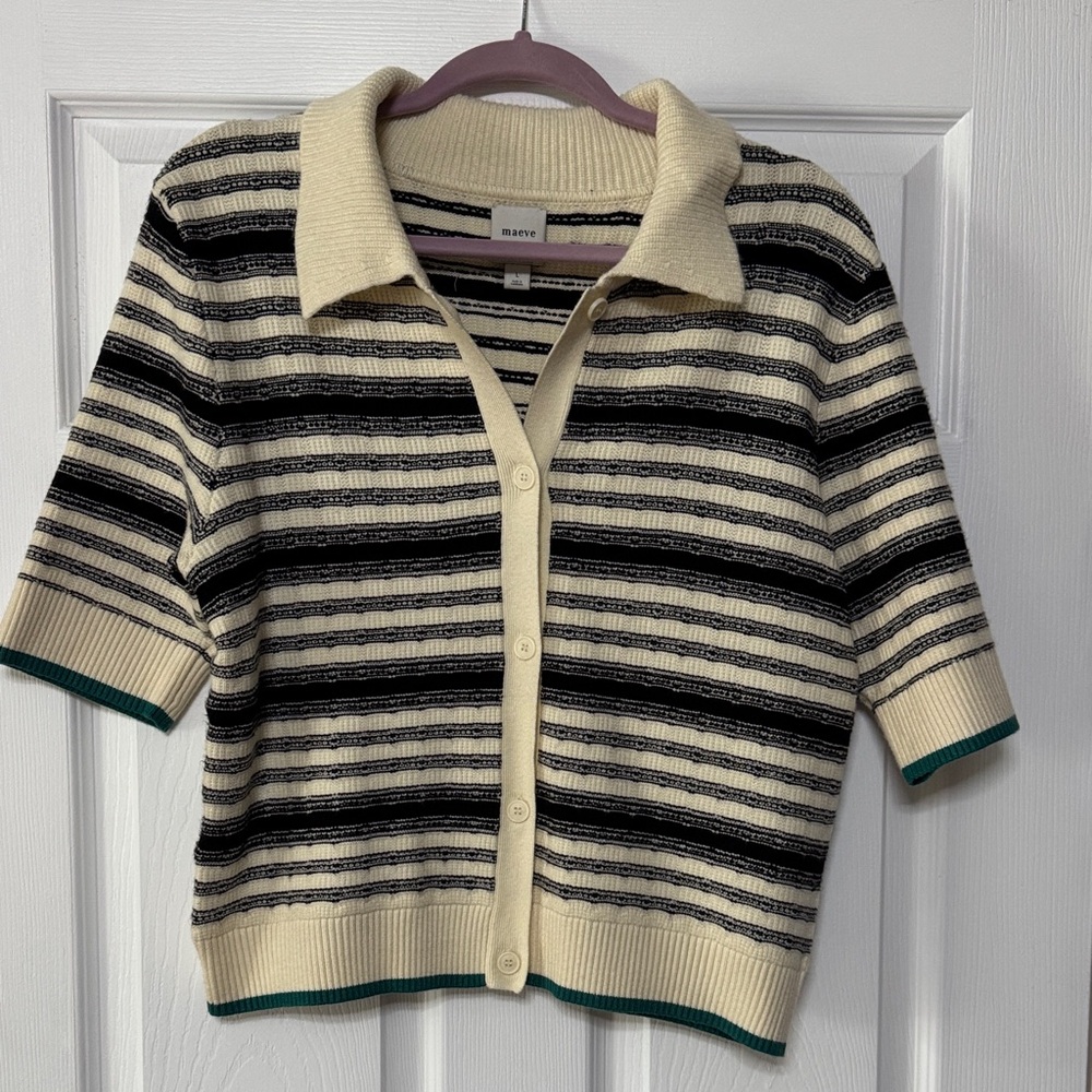 Maeve Black and Cream Striped Knit Cardigan